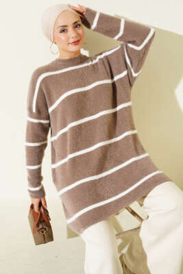 Yatay Çizgili Sakallı Triko Tunik Vizon - NESSİA