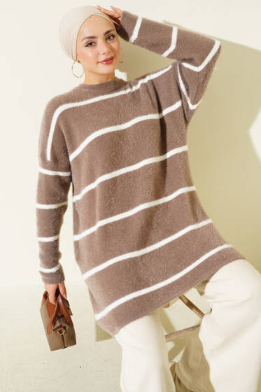 Yatay Çizgili Sakallı Triko Tunik Vizon - Tunik