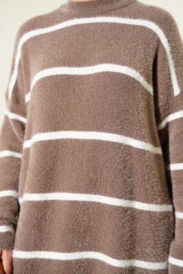 Yatay Çizgili Sakallı Triko Tunik Vizon - Tunik