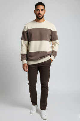 Yatay Çizgili Selanik Erkek Sweatshirt Bej - BESSE