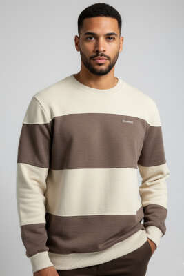 Yatay Çizgili Selanik Erkek Sweatshirt Bej - Erkek Sweatshirt