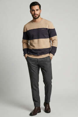 Yatay Çizgili Selanik Erkek Sweatshirt Camel - Erkek Sweatshirt