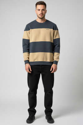 Yatay Çizgili Selanik Erkek Sweatshirt Füme - Erkek Sweatshirt