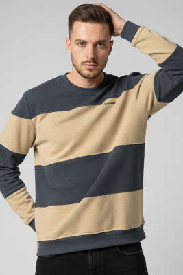 Yatay Çizgili Selanik Erkek Sweatshirt Füme - Erkek Sweatshirt