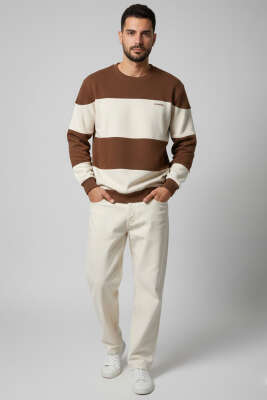 Yatay Çizgili Selanik Erkek Sweatshirt Kahve - Erkek Sweatshirt