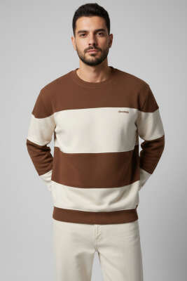 Yatay Çizgili Selanik Erkek Sweatshirt Kahve - BESSE
