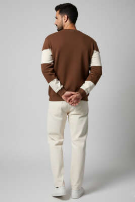 Yatay Çizgili Selanik Erkek Sweatshirt Kahve - Erkek Sweatshirt