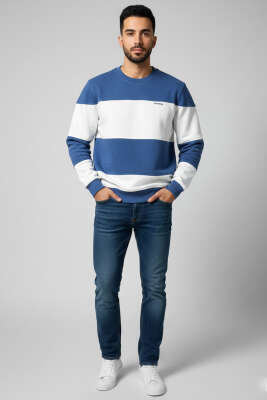 Yatay Çizgili Selanik Erkek Sweatshirt Mavi - Erkek Sweatshirt