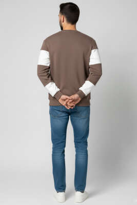 Yatay Çizgili Selanik Erkek Sweatshirt Vizon - Erkek Sweatshirt