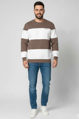 Yatay Çizgili Selanik Erkek Sweatshirt Vizon - Erkek Sweatshirt