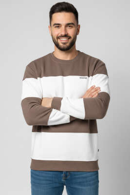 Yatay Çizgili Selanik Erkek Sweatshirt Vizon - BESSE