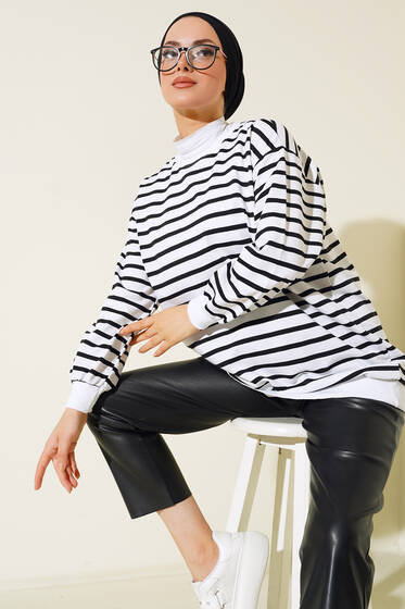 Yatay Çizgili Sweatshirt Beyaz - Tunik