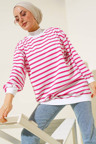 Yatay Çizgili Sweatshirt Fuşya - Tunik