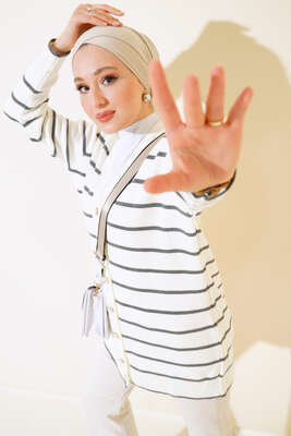 Yatay Çizgili Triko Hırka Füme 