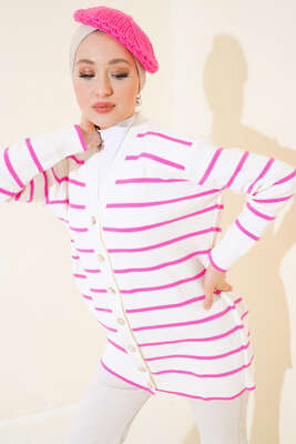 Yatay Çizgili Triko Hırka Fuşya 