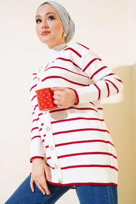 Yatay Çizgili Triko Hırka Kırmızı 