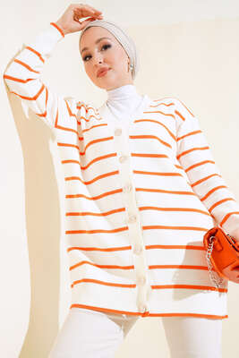 Yatay Çizgili Triko Hırka Oranj 