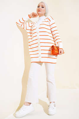 Yatay Çizgili Triko Hırka Oranj - Triko Hırka