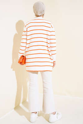 Yatay Çizgili Triko Hırka Oranj - Triko Hırka