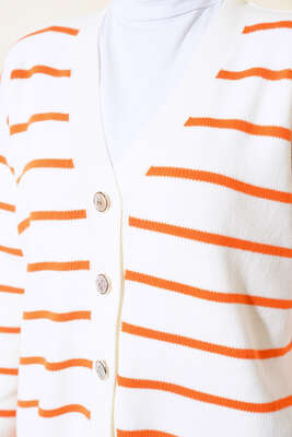 Yatay Çizgili Triko Hırka Oranj - Triko Hırka