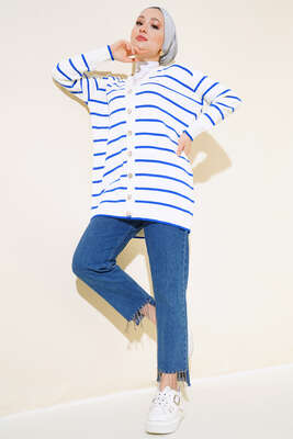 Yatay Çizgili Triko Hırka Saks 