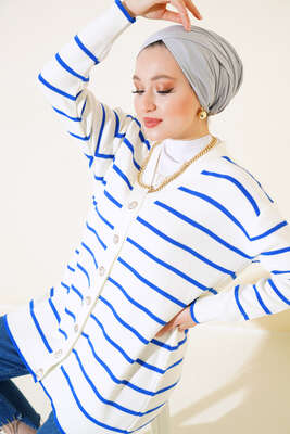 Yatay Çizgili Triko Hırka Saks - Triko Hırka