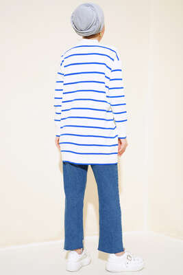 Yatay Çizgili Triko Hırka Saks - Triko Hırka