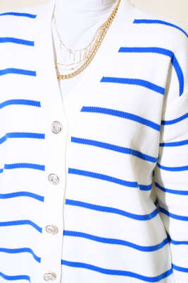 Yatay Çizgili Triko Hırka Saks - Triko Hırka