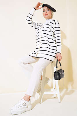 Yatay Çizgili Triko Hırka Siyah 