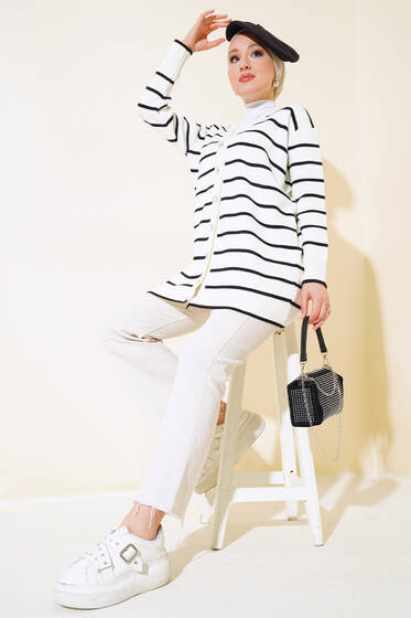 Yatay Çizgili Triko Hırka Siyah - Triko Hırka