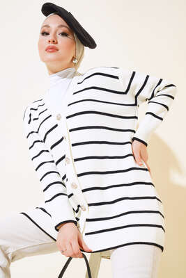 Yatay Çizgili Triko Hırka Siyah - Triko Hırka