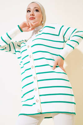 Yatay Çizgili Triko Hırka Yeşil - Triko Hırka