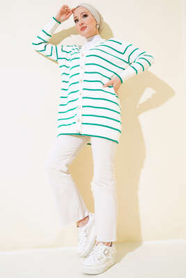 Yatay Çizgili Triko Hırka Yeşil - Triko Hırka