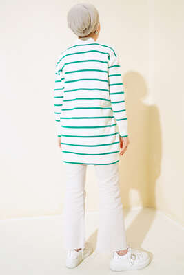 Yatay Çizgili Triko Hırka Yeşil - Triko Hırka