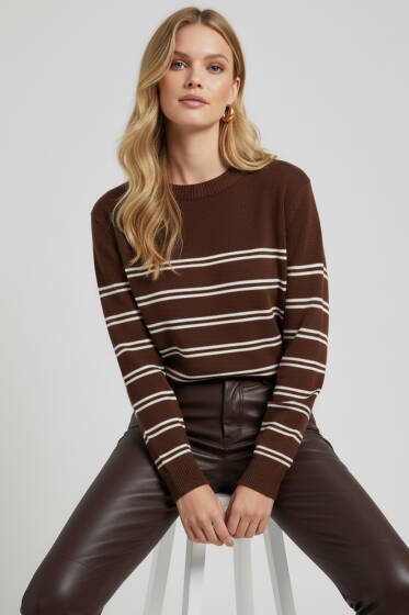 Yatay Çizgili Triko Kazak Burgonya - Kadın Giyim Modelleri