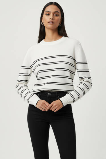 Yatay Çizgili Triko Kazak Ekru - Kadın Giyim Modelleri