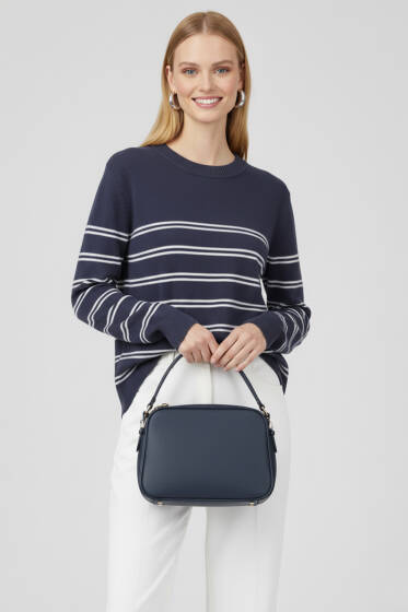 Yatay Çizgili Triko Kazak Lacivert - Kadın Giyim Modelleri