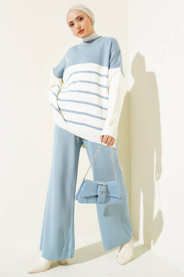 Yatay Çizgili Triko Salaş İkili Takım Bebe Mavi - İkili Takım