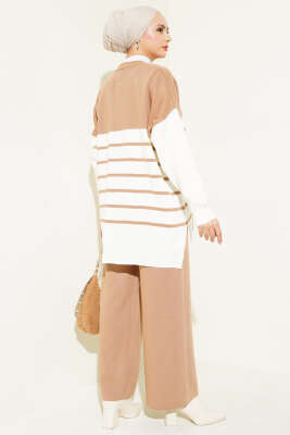 Yatay Çizgili Triko Salaş İkili Takım Bisküvi - Triko İkili Takım