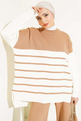 Yatay Çizgili Triko Salaş İkili Takım Bisküvi - Triko İkili Takım