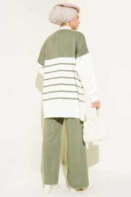 Yatay Çizgili Triko Salaş İkili Takım Çağla Yeşili - Triko İkili Takım