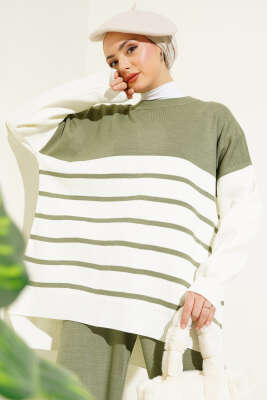 Yatay Çizgili Triko Salaş İkili Takım Çağla Yeşili - Triko İkili Takım