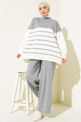 Yatay Çizgili Triko Salaş İkili Takım Gri - Triko İkili Takım
