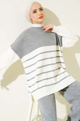 Yatay Çizgili Triko Salaş İkili Takım Gri - Triko İkili Takım