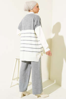 Yatay Çizgili Triko Salaş İkili Takım Gri - Triko İkili Takım
