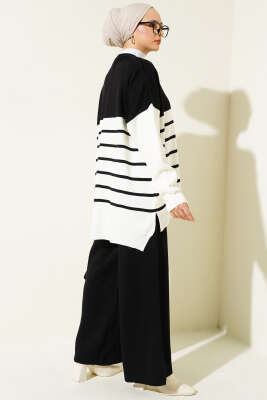 Yatay Çizgili Triko Salaş İkili Takım Siyah - Triko İkili Takım