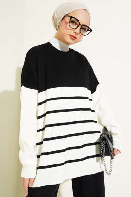 Yatay Çizgili Triko Salaş İkili Takım Siyah - Triko İkili Takım