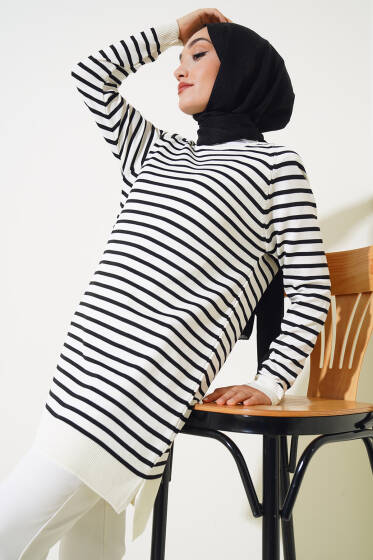 Yatay Çizgili Triko Tunik Ekru - Triko Tunik