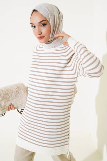 Yatay Çizgili Triko Tunik Vizon - Triko Tunik