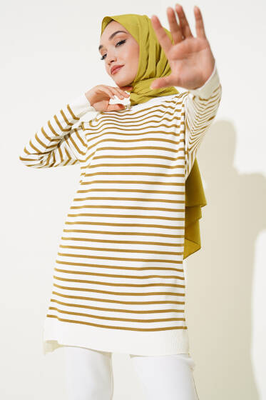 Yatay Çizgili Triko Tunik Yağ Yeşili - Triko Tunik
